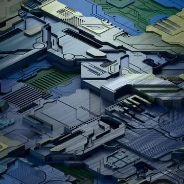 Circuit board futuristic server code processing. Blue technology background. 3d Stock Illustration