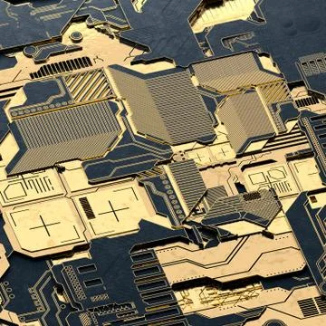 Circuit board futuristic server code processing. Gold and black technology 库存插图
