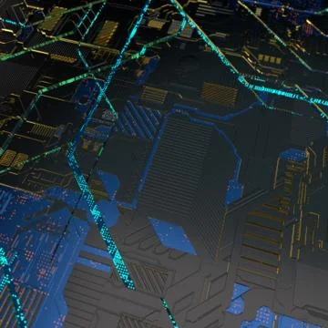 Circuit board futuristic server code processing. Angled view blue color Illustrazione stock