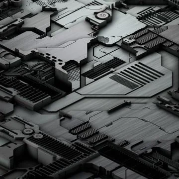 Circuit board futuristic server code processing. Gray technology background. 3d Stock Illustration