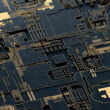 Circuit board futuristic server code processing. Gold and black technology Illustrazione stock