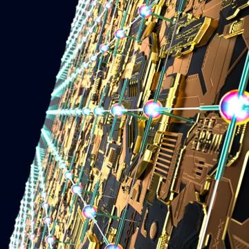 Circuit board futuristic server code processing. Angled view multicolor Illustrazione stock