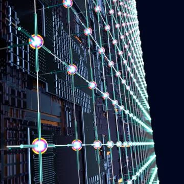 Circuit board futuristic server code processing. Angled view multicolor Stockillustratie