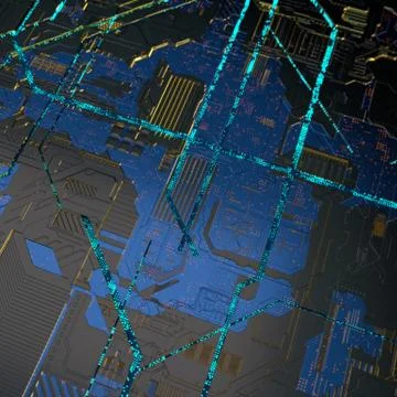 Circuit board futuristic server code processing. Angled view blue color イラスト素材