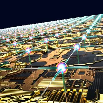 Circuit board futuristic server code processing. Angled view multicolor Illustrazione stock