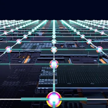 Circuit board futuristic server code processing. Angled view multicolor Stock Illustration