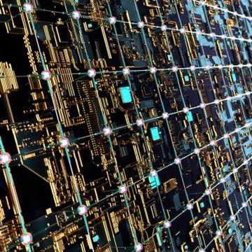 Circuit board futuristic server code processing. Angled view multicolor Stockillustratie