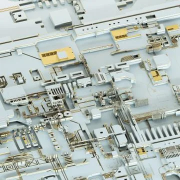 Circuit board futuristic server code processing. Gold and white technology Stock Illustration
