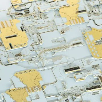 Circuit board futuristic server code processing. Gold and white technology Stock Illustration