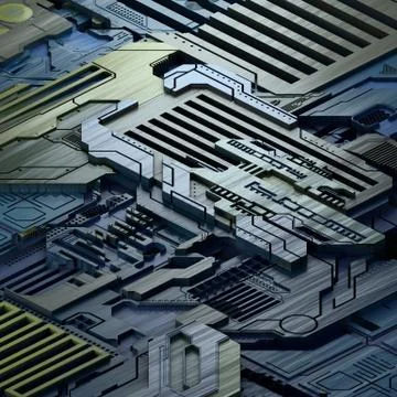 Circuit board futuristic server code processing. Blue technology background. 3d Stock Illustration