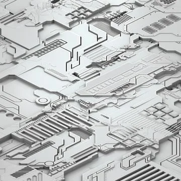 Circuit board futuristic server code processing. White technology background. 3d Stock Illustration
