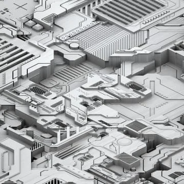 Circuit board futuristic server code processing. White technology background. 3d Stock Illustration