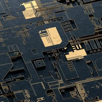 Circuit board futuristic server code processing. Gold and black technology Stock Illustration