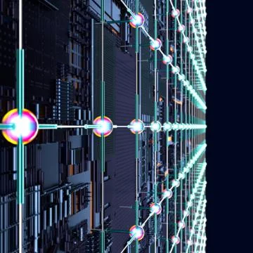 Circuit board futuristic server code processing. Angled view multicolor イラスト素材
