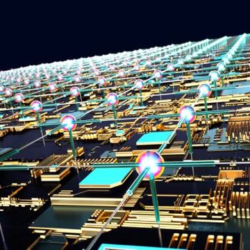 Circuit board futuristic server code processing. Angled view multicolor イラスト素材