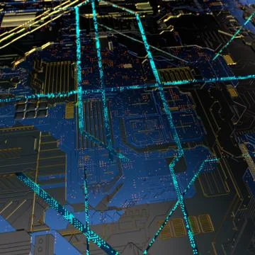 Circuit board futuristic server code processing. Angled view blue color Stockillustratie