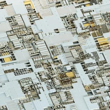 Circuit board futuristic server code processing. Gold and white technology Illustrazione stock