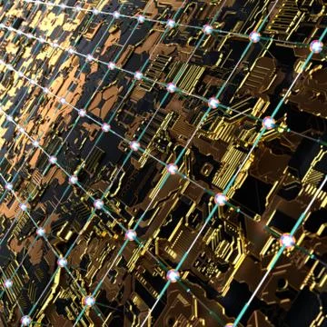 Circuit board futuristic server code processing. Angled view multicolor Illustrazione stock