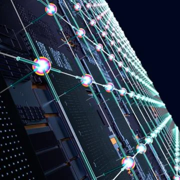 Circuit board futuristic server code processing. Angled view multicolor Illustrazione stock