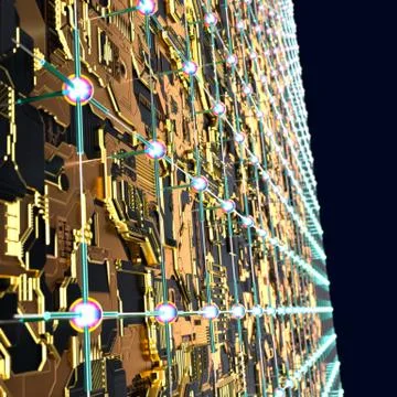 Circuit board futuristic server code processing. Angled view multicolor 库存插图