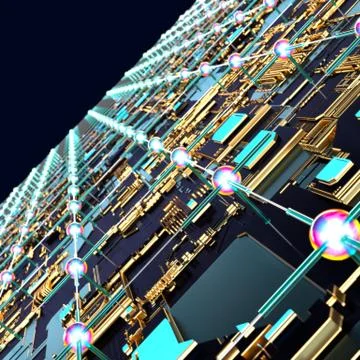 Circuit board futuristic server code processing. Angled view multicolor イラスト素材