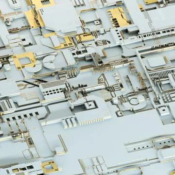 Circuit board futuristic server code processing. Gold and white technology Illustrazione stock