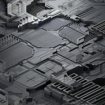 Circuit board futuristic server code processing. Gray technology background. 3d Stock Illustration