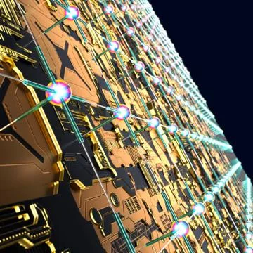 Circuit board futuristic server code processing. Angled view multicolor Illustrazione stock