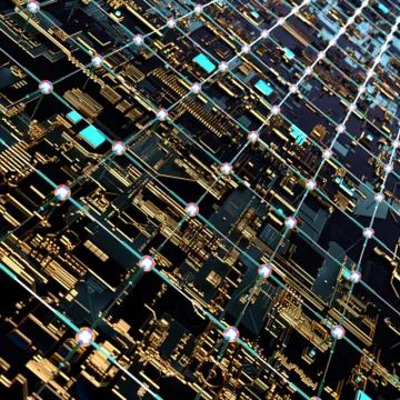 Circuit board futuristic server code processing. Angled view multicolor イラスト素材