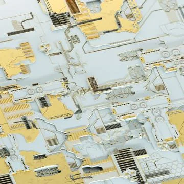 Circuit board futuristic server code processing. Gold and white technology Stock Illustration