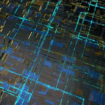 Circuit board futuristic server code processing. Angled view blue color イラスト素材