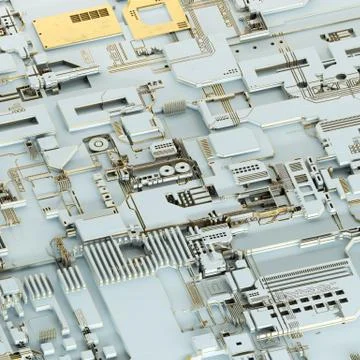 Circuit board futuristic server code processing. Gold and white technology Stock Illustration