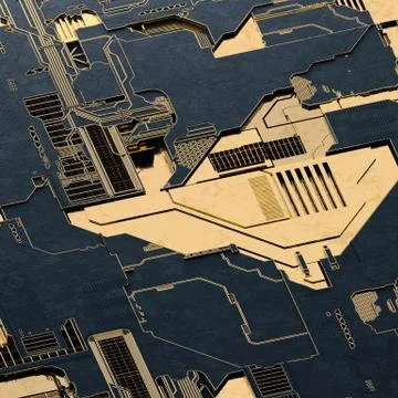 Circuit board futuristic server code processing. Gold and black technology Stock Illustration