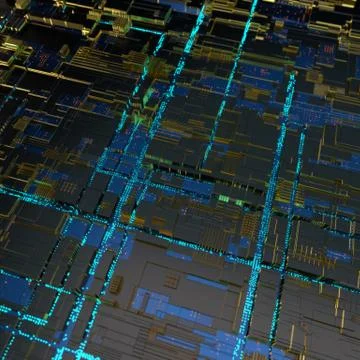 Circuit board futuristic server code processing. Angled view blue color イラスト素材
