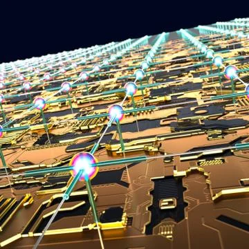 Circuit board futuristic server code processing. Angled view multicolor Stock-Illustration