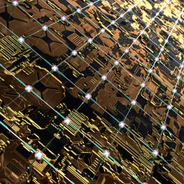 Circuit board futuristic server code processing. Angled view multicolor Stockillustratie