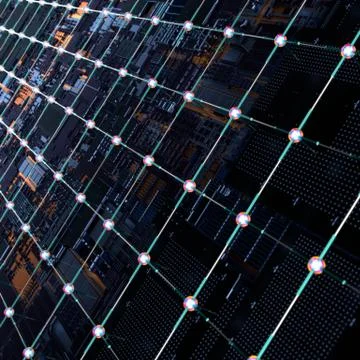 Circuit board futuristic server code processing. Angled view multicolor Illustrazione stock