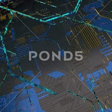 Circuit board futuristic server code processing. Angled view blue color ...