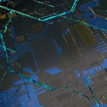 Circuit board futuristic server code processing. Angled view blue color 库存插图