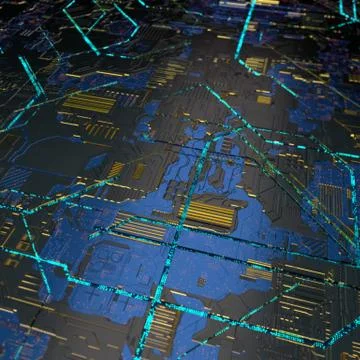 Circuit board futuristic server code processing. Angled view blue color Stockillustratie