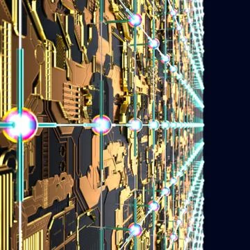 Circuit board futuristic server code processing. Angled view multicolor Illustrazione stock