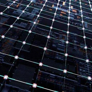 Circuit board futuristic server code processing. Angled view multicolor Illustrazione stock