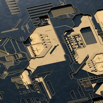 Circuit board futuristic server code processing. Gold and black technology Illustrazione stock