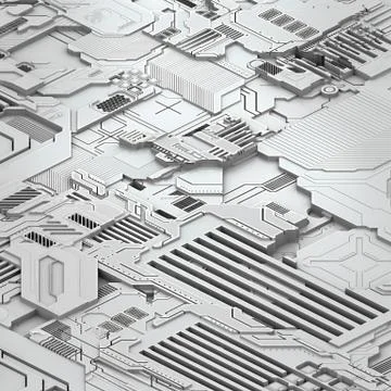 Circuit board futuristic server code processing. White technology background. 3d Illustrazione stock