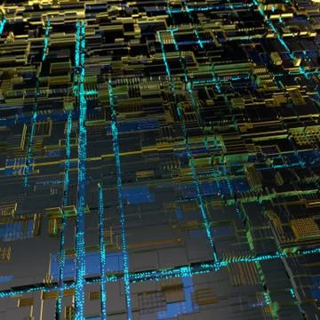 Circuit board futuristic server code processing. Angled view blue color Illustrazione stock