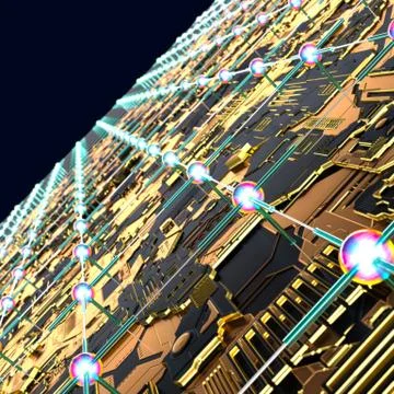 Circuit board futuristic server code processing. Angled view multicolor Stockillustratie