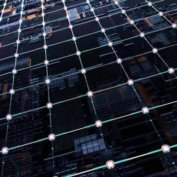 Circuit board futuristic server code processing. Angled view multicolor 库存插图