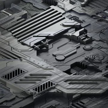 Circuit board futuristic server code processing. Gray technology background. 3d Illustrazione stock