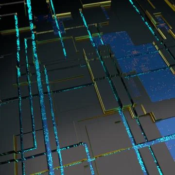 Circuit board futuristic server code processing. Angled view blue color Illustrazione stock
