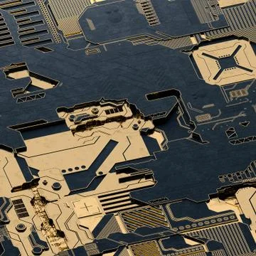 Circuit board futuristic server code processing. Gold and black technology Stock Illustration